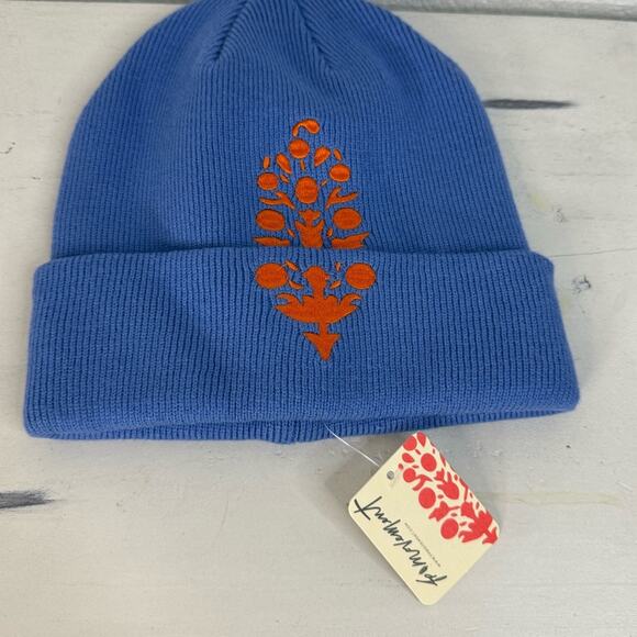 NWT Free People Movement Iconic Buti Blue Knit Beanie with Orange Design Casual - Picture 2 of 6